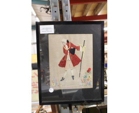 A HAND EMBROIDERED CIRCA 1930'S FRAMED PICTURE OF A REGENCY GENTLEMAN 