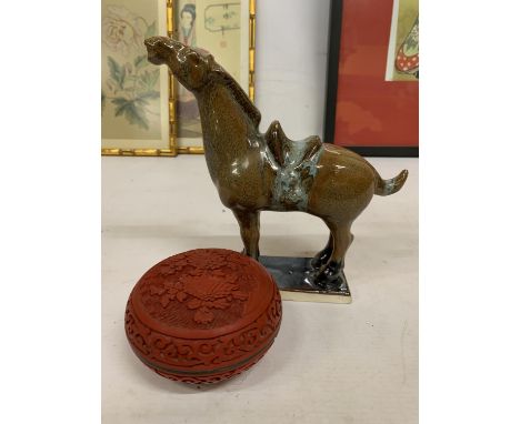 A CHINESE CARVED CINNABAR LACQUER TRINKET BOX WITH BLUE ENAMEL INNER TOGETHER WITH A TANG DYNASTY STYLE HORSE 