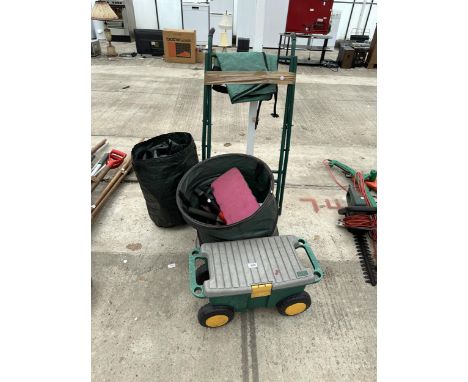 VARIOUS GARDENING ITEMS - LEAF BARROW, KNEELER, LARGE BAGS, TOOLS ETC 