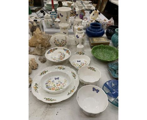 A QUANTITY OF AYNSLEY COTTAGE GARDEN TO INCLUDE A FOOTED PEDESTAL BOWL, VASES, BELL, TRINKET DISHES, ETC., 