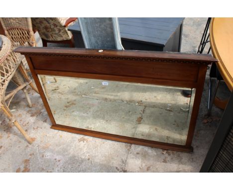 AN EDWARDIAN MAHOGANY AND INLAID BEVEL EDGE OVERMANTEL MIRROR, 50" X 30" 