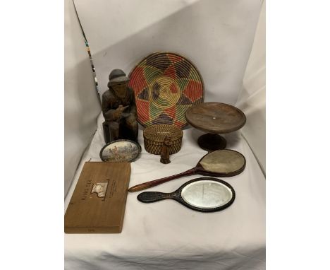 A MIXED LOT TO INCLUDE A VINTAGE CARVED FIGURE OF AN OLD MAN WITH A PIPE, A WOODEN CAKE STAND, A HAND MIRROR, ETC., 