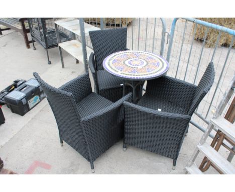 A TILE TOP BISTRO TABLE AND THREE RATTAN CHAIRS 