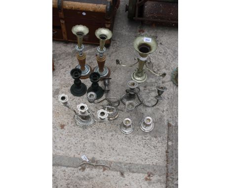 AN ASSORTMENT OF VINTAGE CANDLE HOLDERS AND VASES 