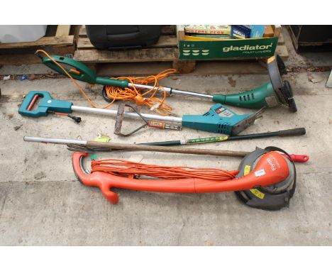 A COLLECTION OF ELCTRICAL GARDEN TOOLS TO INCLUDE A FLYMO STRIMMER, ETC 