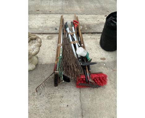 VARIOUS GARDEN TOOLS- BEEZAM, BRUSHES, RAKES ETC 