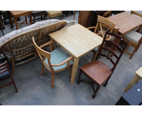 A MODERN IKEA BJORKUDDEN WOODBLOCK TOP TABLE, 29" SQUARE, A PAIR OF CARVER CHAIRS AND ONE LADDER-BACK CHAIR 