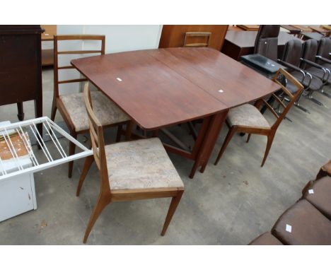 A RETRO TEAK DROP-LEAF DINING TABLE, 59" X 36" OPENED AND FOUR LADDER-BACK DINING CHAIRS 