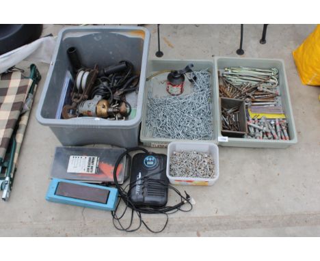 AN ASSORTMENT OF TOOLS AND HARDWARE TO INCLUDE NAILS, A DRILL AND A PULLEY HOOK ETC 