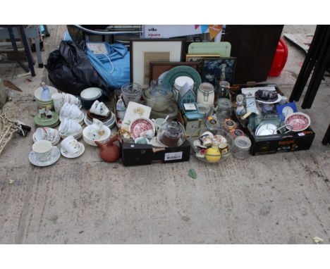 A LARGE ASSORTMENT OF HOUSEHOLD ITEMS TO INCLUDE KILNER JARS, CUPS AND SAUCERS AND CLOCKS ETC 