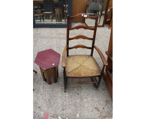 A BEECH FRAMED LADDER BACK ROCKING CHAIR AND A MOORISH STYLE HEXAGONAL TABLE 