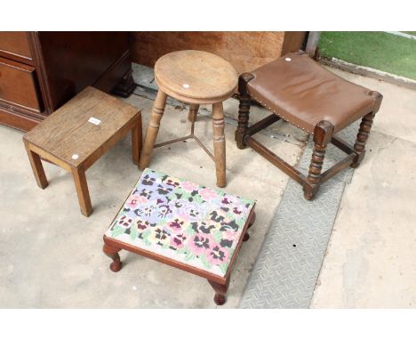 AN OAK BOBBIN TURNED STOOL, ELM VICTORIAN STOOL AND TWO OTHER STOOLS 