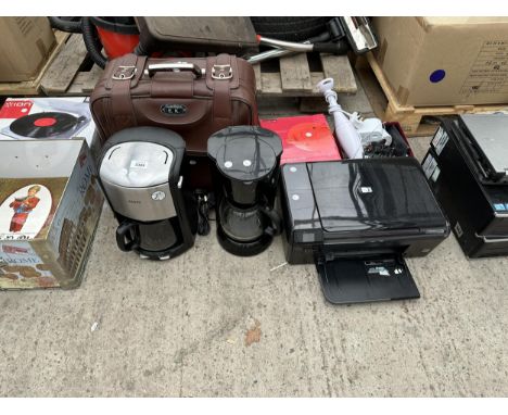 AN ASSORTMENT OF ITEMS TO INCLUDE TWO COFFEE MAKERS, A PRINTER AND A STICK BLENDER ETC 