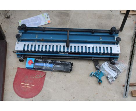 AN ASSORTMENT OF TOOLS TO INCLUDE A CLARKE WOODWORKER DOVETAIL JIG AND A SOLDERING IRON ETC 