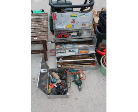 TWO METAL TOOL BOXES, AN ASSORTMENT OF TOOLS AND A COLLECTION OF WELDING RODS ETC 