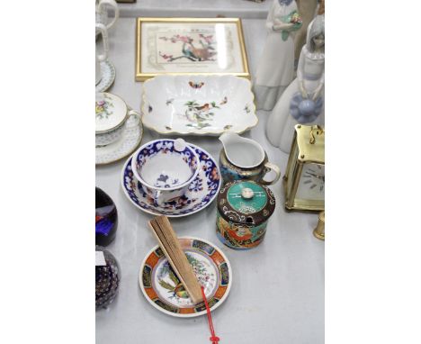 A MIXED LOT TO INCLUDE AN ORIENTAL STLE EMBROIDERED PICTURE, A GILT EDGED BOWL WITH BIRD DECORATION, ORIENTAL STYLE CUP, SAUC