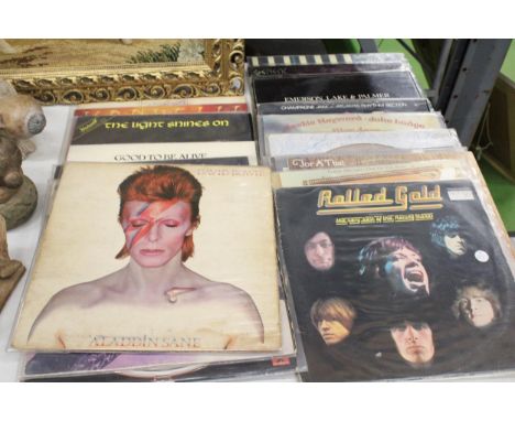 A COLLECTION OF VINTAGE VINYL LP RECORDS TO INCLUDE DAVID BOWIE, GENESIS, THE ROLLING STONES, STEELEYE SPAN, THE MOODY BLUES,