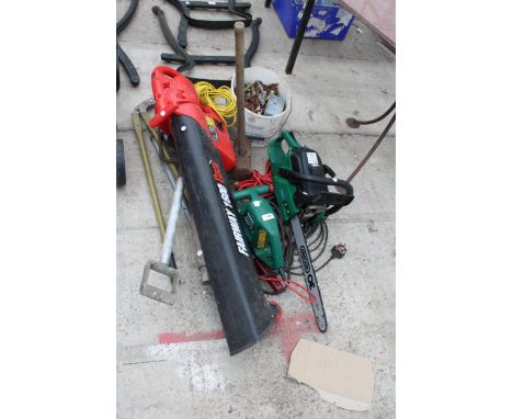 AN ASSORTMENT OF TOOLS TO INCLUDE AN ELECTRIC POWER DEVIL LEAF BLOWER, A SLEDGE HAMMER AND A PETROL CHAINSAW ETC 