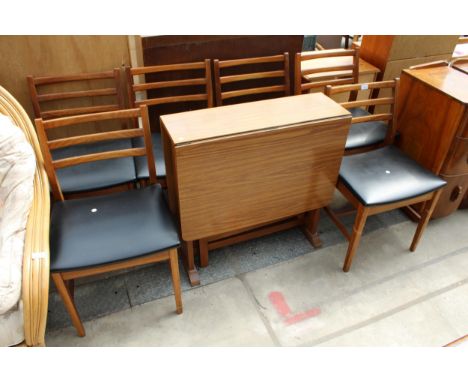 A RETRO FORMICA TOP DROP-LEAF DINING TABLE AND SIX LADDER-BACK DINING CHAIRS 