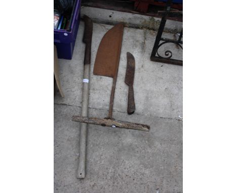 A VINTAGE HAY KNIFE AND TWO BILL HOOKS 