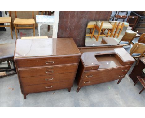 A RETRO LEBUS OAK CHEST OF FOUR DRAWERS, 31" WIDE, AND MATCHING DRESSING CHEST, 37" WIDE 