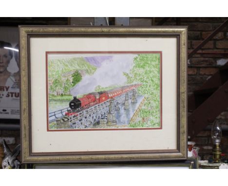 A 1949 WATERCOLOUR, 'RIVER CROSSING BY STEAM', SIGNED K M ARTHUR, 44CM X 36CM 