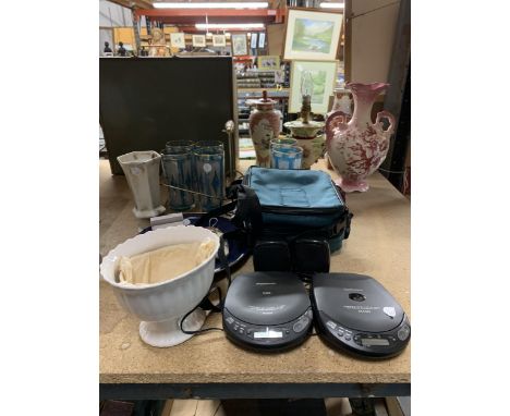 A MIXED LOT TO INCLUDE VINTAGE TURQUOISE AND GOLD TUMBLERS, A TECHNICS AND PANASONIC PORTABLE CD PLAYERS, PIG POMANDER ETC 