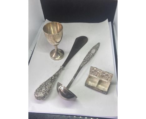 FOUR POSSIBLY SILVER ITEMS TO INCLUDE A GOBLET, LADLE, PILL BOX AND SHOE HORN 