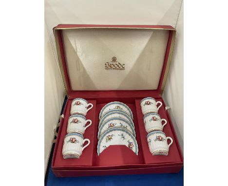 A SET OF SIX SPODE CUPS AND SAUCERS FLEUR DE LYS RED IN A PRESENTATION BOX 