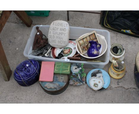 AN ASSORTMENT OF HOUSEHOLD ITEMS TO INCLUDE CERAMICS, A GARDEN PLAQUE AND A MODEL BIKE ETC 