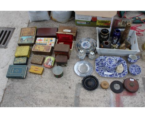 A LARGE ASSORTMENT OF ITEMS TO INCLUDE VINTAGE TINS, BLUE AND WHITE CERAMICS AND VASES ETC 