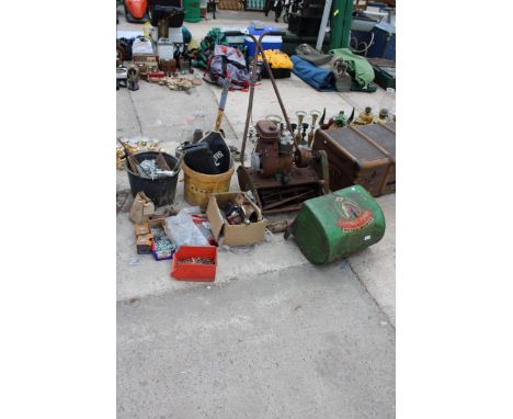 AN ASSORTMENT OF TOOLS TO INCLUDE A SUFFOLK PUNCH LAWN MOWER, A BRACE DRILL AND HARDWARE ETC 