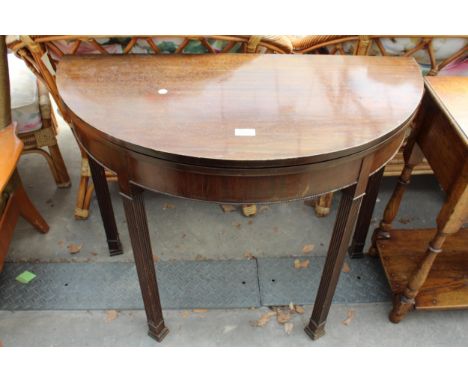 A 19TH CENTURY STYLE MAHOGANY FOLD-OVER CARD TABLE BEARING J.A.S. SHOOLBRED (LONDON) LABEL, 36" WIDE 