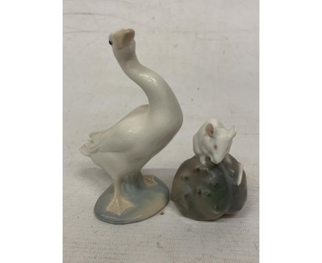 A KAD RINGEN ROYAL COPENHAGEN FIGURE OF A MOUSE ON A CHESTNUT TOGETHER WITH A LLADRO GOOSE 