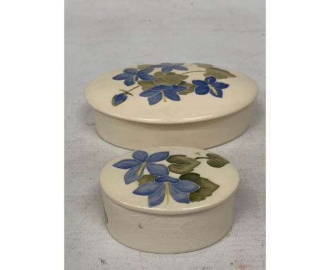 TWO SMALL UNMARKED MOORCROFT CAMPANULA OVAL TRINKET BOXES 