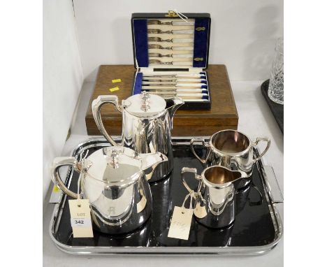 A suite of Walker &amp; Hall mother of pearl handled fish knives and forks, contained in a fitted case; together with an Elki