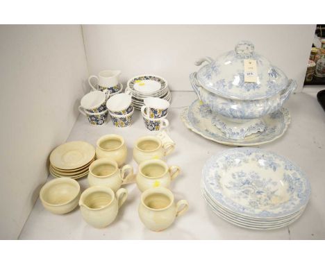 A Royal Tuscan 'Nocturne' pattern tea set, comprising: six tea trios, cream and sugar bowl; an Orkney Studio Pottery tea set,