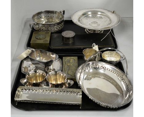 A selection of silver-plated, brassware and other items, to include: a circular basket with pierced and engraved decoration, 