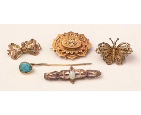 Victorian and later jewellery, including; a yellow-metal brooch, stamped '15ct'; an Edwardian opal bar brooch, stamped '9ct';