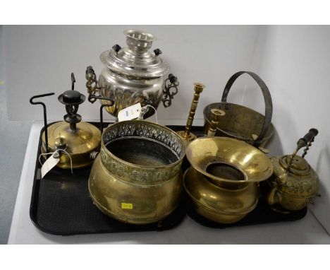 A selection of brassware, including: 19th C circular jelly pan; pair of brass candlesticks; tea pot; El Soutany stove; brass 