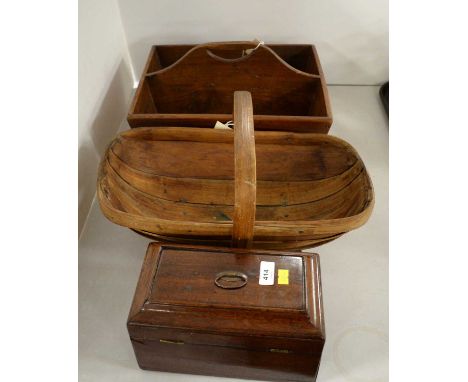 A Victorian mahogany tea caddy, of rectangular form, 22cms wide; together with two wood baskets, the largest approx. 41cms wi