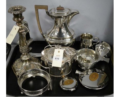 A selection of silver-plated ware, including: an early 20th Century caddy of small proportions, of lidded twin-handled form, 