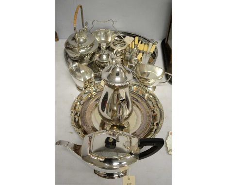 A selection of silver-plated ware, including: a three-piece tea service; a Galleon plated coffee pot; a footed basket; a sele