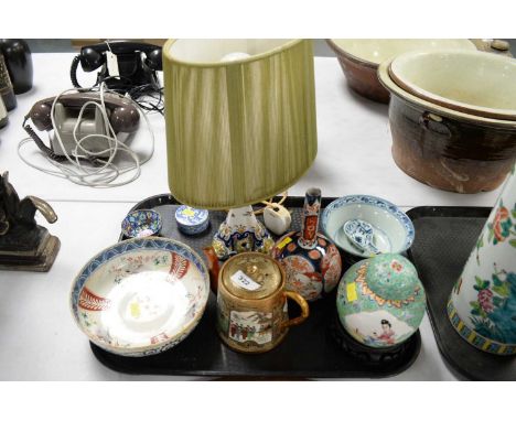 A selection of ceramics, including: French Roulin table lamp; Japanese Kutani tea pot; Japanese Imari palette vase; Japanese 