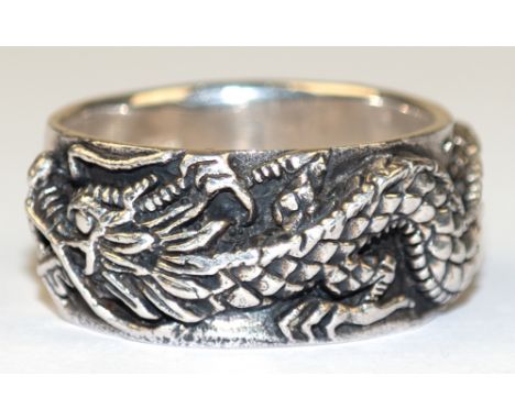 Herren-Ring mit umlaufendem Drachen-Relief, 925er Silber, 13,4 g, RG 68