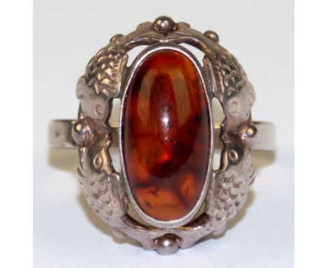 Bernstein-Ring, 925er Silber, durchbrochene Fassung mit Fischdekor, RG 58