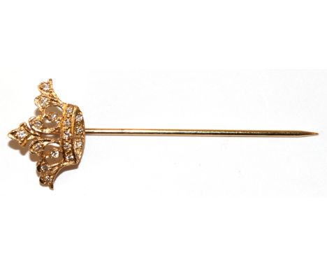 Krawattennadel, 14 k GG, kronenförmige Schauseite mit Diamantbesatz, ges. 1,6 g, L. 5 cm