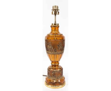 Lampenfuß, Haida Glas, J. Oertel Steinschönau, Bernsteinglas mit umlaufender Landschaftsmalerei sign. "K. Christof", auf mess