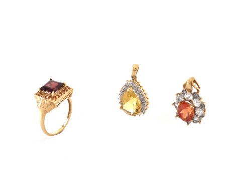 Two (2) Gemstone, Diamond and 10 Karat Yellow Gold Pendants and One (1) Gemstone and 10 Karat Yellow Gold Ring. Pendants stam