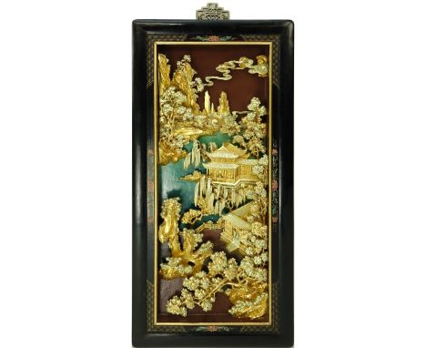Mid-Century Chinese Carved Decorative Panel. Carved in high relief gilt wood a village scene. The lacquered frame decorated w